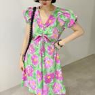 Puff Sleeve V-neck Floral Print Drawstring Mini A-line Dress