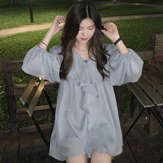 Set: Long-sleeve V-neck Ruffle Trim Top + Camisole Top Set - Top & Camisole Top - Sky Blue - One Size