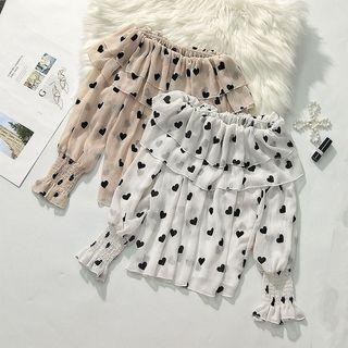 Long-sleeve Ruffled Heart Pattern Chiffon Top