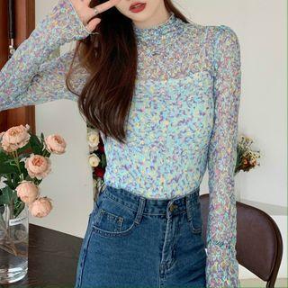 Floral Print Mock-neck Long-sleeve Slim-fit Sheer Top