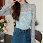 Floral Print Mock-neck Long-sleeve Slim-fit Sheer Top