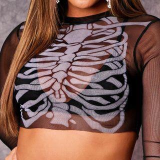 Mesh Bone Print Long-sleeve Crop Top