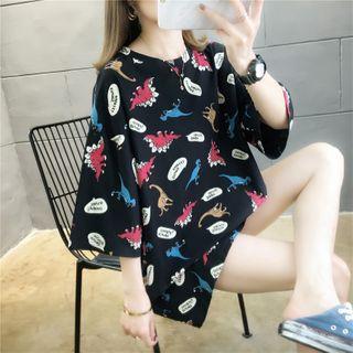Elbow-sleeve Dinosaur Print Tunic T-shirt