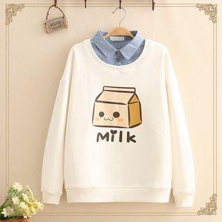 Inset Denim Shirt Milk Box Print Fleece-lined Sweatshirt