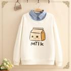 Inset Denim Shirt Milk Box Print Fleece-lined Sweatshirt