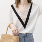 Contrast Color V-neck Elbow-sleeve Knit Top As Shown In Figure - One Size