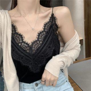 V-neck Plain Lace Tank Top Black - One Size