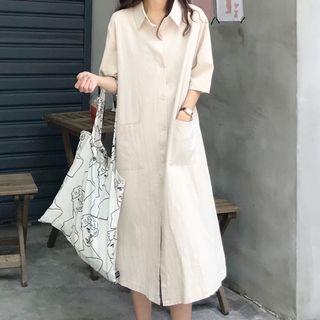 Pocketed Elbow-sleeve Midi Shirt Dress