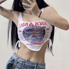 Square-neck Side-drawstring Printed Crop Tank Top