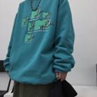 Fleece-lined Letter Print Pullover Mint Green - One Size
