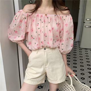 Short-sleeve Off-shoulder Floral Dotted Blouse