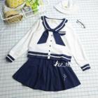 Set: Striped Sailor Collar Long Sleeve Top + A-line Skirt
