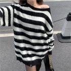 Distressed Striped Loose-fit Sweater Black - One Size