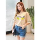 Short-sleeve Fringe-trim Lettering T-shirt