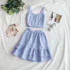 Set: Plaid Spaghetti-strap Crop Top + A-line Skirt