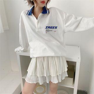 Long-sleeve Printed Polo Collar Top White - One Size