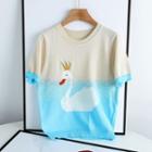 Short-sleeve Swan Art Knit Top Beige & Blue - One Size