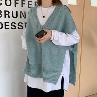 Long-sleeve Plain Shirt / Slit-hem Knit Vest
