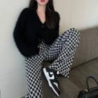 Button-up Fluffy Jacket / Checkerboard Straight Leg Pants