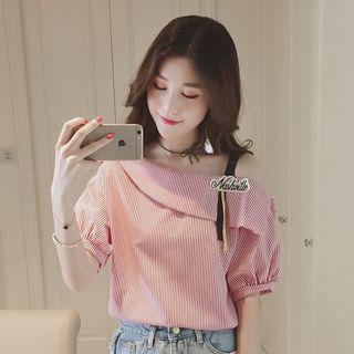 Elbow-sleeve Cold Shoulder Striped Top