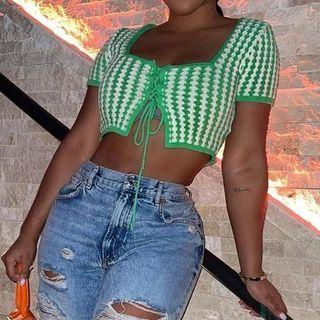 Short-sleeve Two-tone Tie-front Knit Crop Top