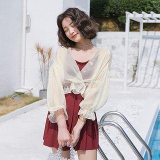 Set: Plain Cross-strap Back Swimdress + Mesh Cover-up