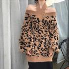 Leopard Pattern Cold Shoulder Boxy Sweater As Shown In Figure - One Size
