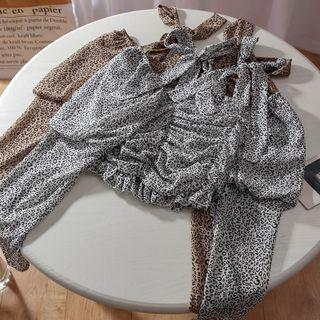 Long-sleeve Off-shoulder Leopard Print Chiffon Crop Top