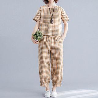 Set: Plaid Short-sleeve Top + Cropped Harem Pants