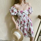 Puff-sleeve Off-shoulder Floral Print Mini Dress