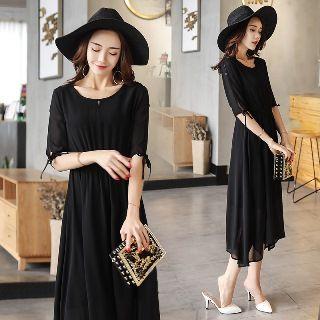 Elbow-sleeve Asymmetric-hem Plain Dress
