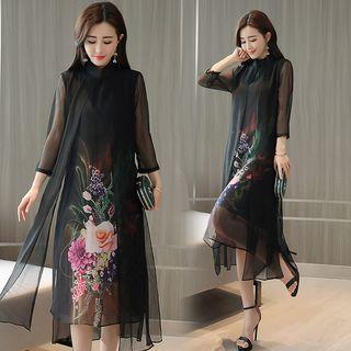 Floral Print 3/4-sleeve Mock Two-piece Chiffon Dress
