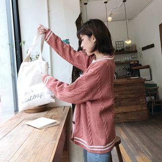 Stripe-trim Loose-fit Cable-knit Cardigan Light Pink - One Size