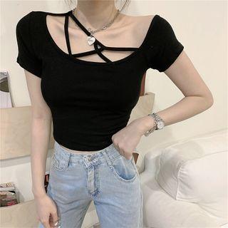 Irregular Strap Short-sleeve Cropped T-shirt