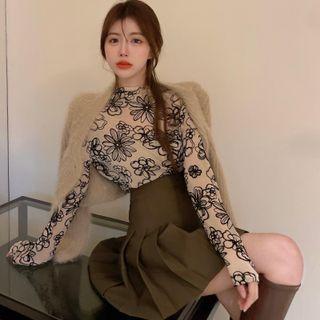 Mock-neck Long-sleeve Floral Print Organza Top