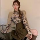 Mock-neck Long-sleeve Floral Print Organza Top