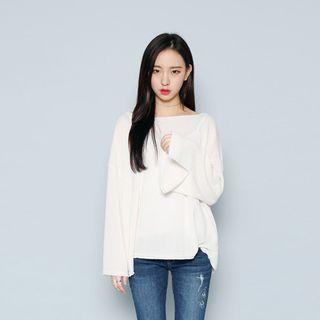 Round-neck Slit-cuff Knit Top