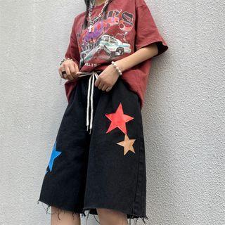 Drawstring Waist Star Print Frayed Denim Shorts