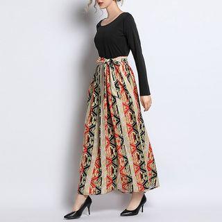 Mock Two-piece Long-sleeve Patterned A-line Maxi Dress