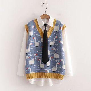 Plain Shirt / Duck Print Sweater Vest