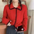 Embroidered Trim Collared Cardigan Red - One Size