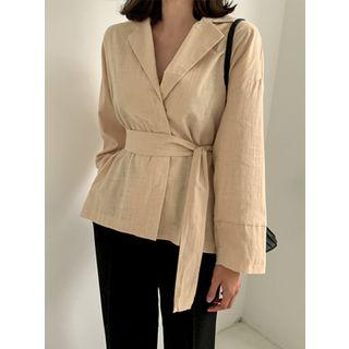 Notch-lapel Wide-cuff Blouse With Sash