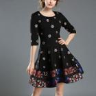 Flower Embroidered Elbow Sleeve A-line Dress