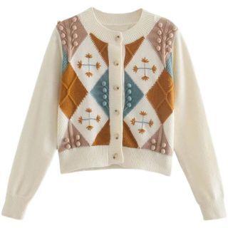 Color-block Argyle Cardigan
