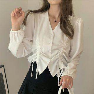 Long-sleeve Puff-sleeve Drawstring Blouse