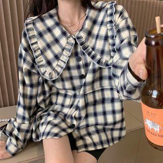 Long-sleeve Peter Pan Collar Plaid Shirt Plaid - One Size