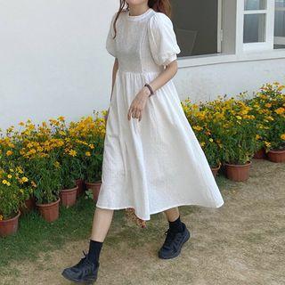 Tie-back Puff-sleeve Midi A-line Dress