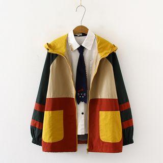 Color Block Zip Hooded Cargo Jacket Red & Yellow & Green - One Size