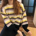 Long-sleeve Striped Sweater / Plain Midi Skirt