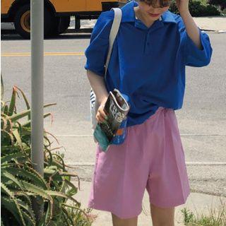 Plain Elbow-sleeve Polo Shirt / Shorts